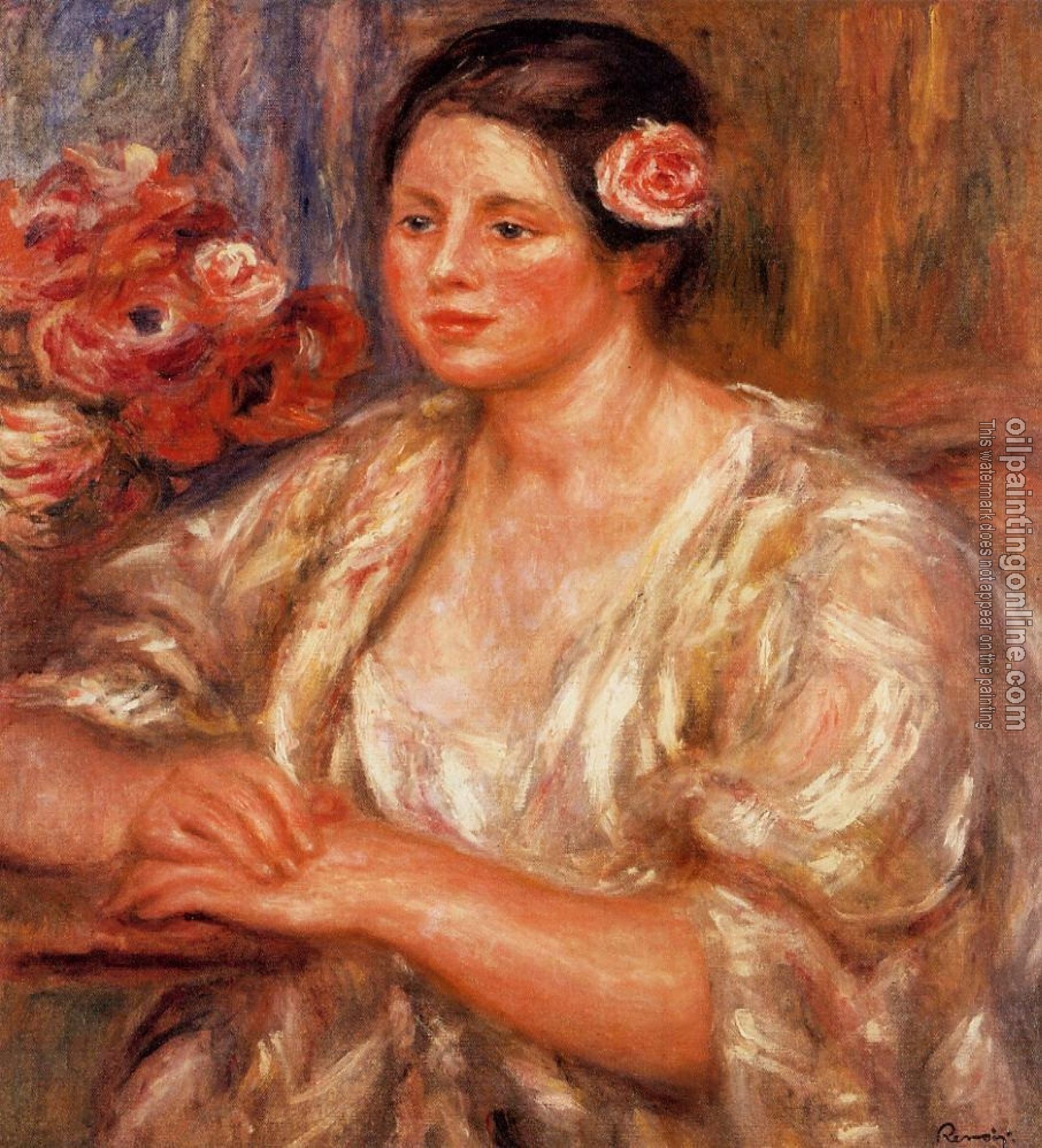 Renoir, Pierre Auguste - Madelaine in a White Blouse and a Bouquet of Flowers